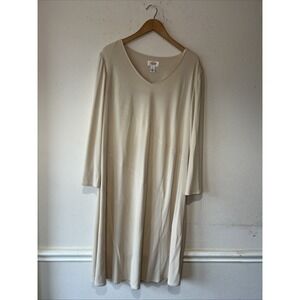 Talbots Woman Minimalist Lagenlook Beige V Neck Long ALine Dress Modest 2X Vtg